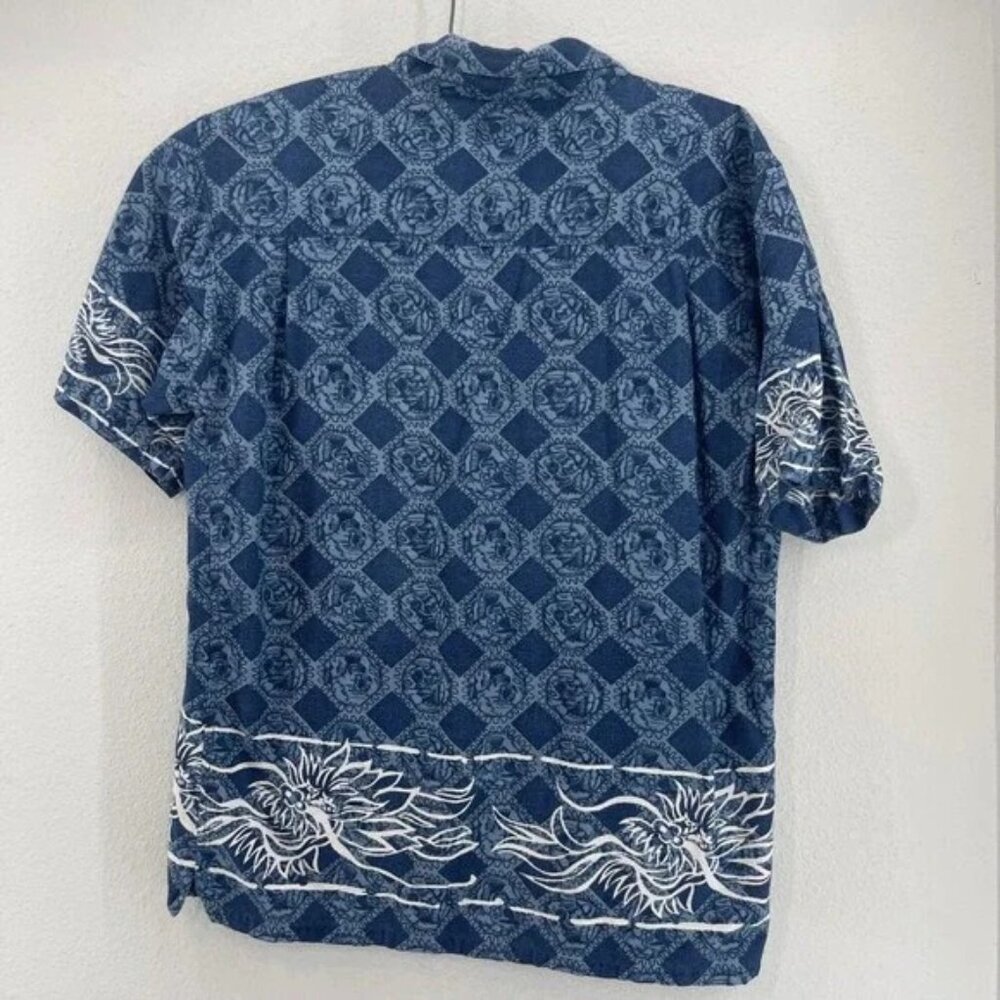 Y2K UTILITY WEAR Boys XL Blue Dragon Print Short Sleeve Button Up Shirt